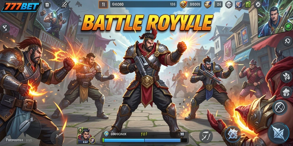 Tampilan aksi intens dalam gameplay Battle Royale 777BET.