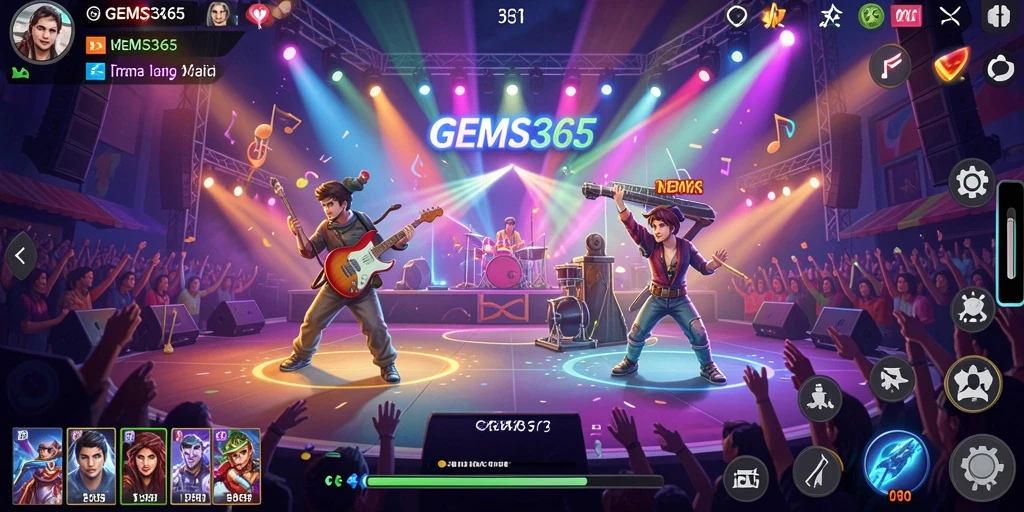 Screenshot <strong>GEMS365</strong> menampilkan gameplay interaktif dengan irama musik.