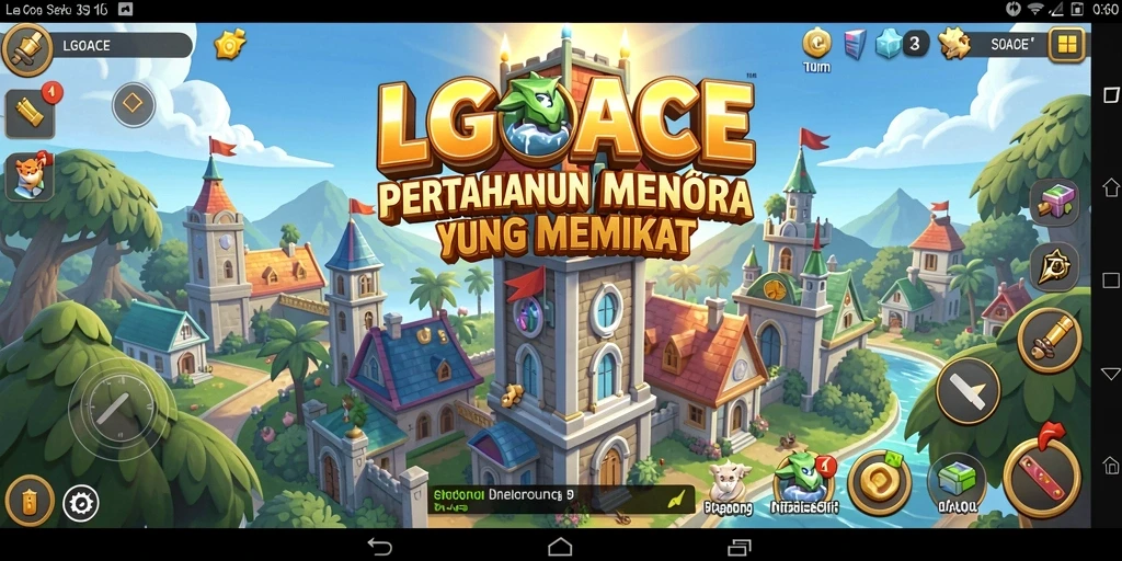 Screenshot utama LGOACE dengan aksi strategi menara pertahanan.