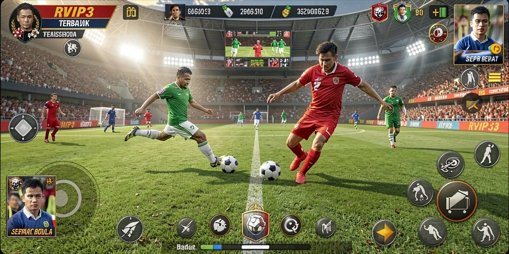 Tampilan gameplay RVIP3 dengan aksi sepak bola yang mendebarkan.